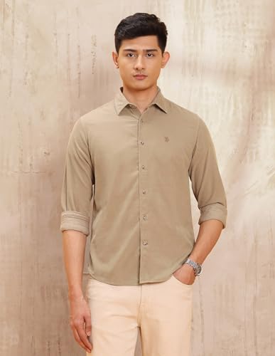 Image of U.S. Polo Assn. Denim Co. Light Khakhi Solid Corduroy Slim Fit Men's Shirt