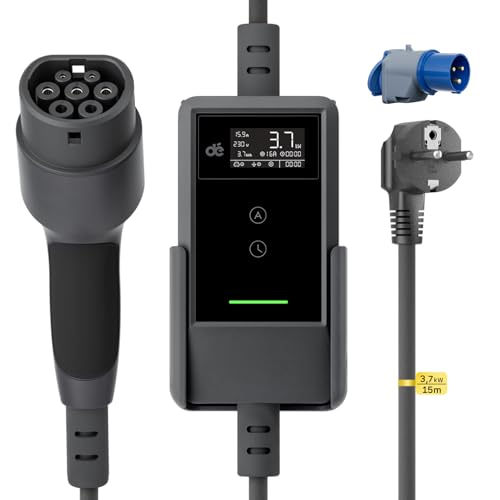 dé Cargador Coche Electrico 3,7kW [15m, 6/8/10/13/16A] Cargador Vehiculo Electrico Portátil con Soporte de Pared, Pantalla Digital LCD, Controlable para Model Y/3, GLC, A250, GLA, Q3 y Otros EV/PHEV