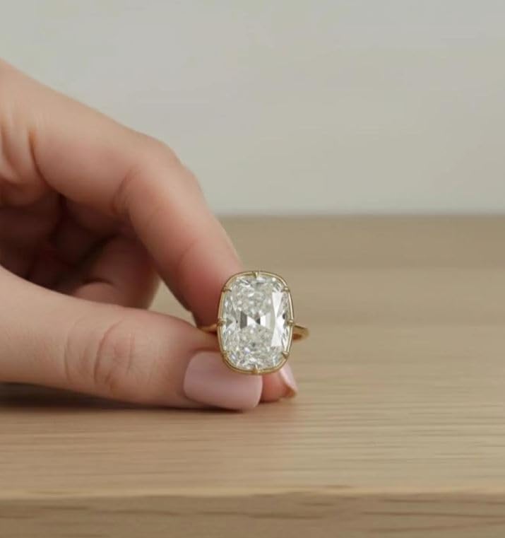 Elegant 4Ct Cushion Cut Solitaire Diamond Ring, 14K Gold Plated Large Cushion Diamond Engagement Ring, Statement Wedding Gift,Size 3-14.