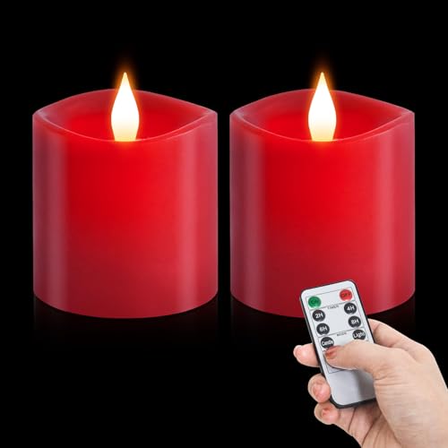 Image of 3x3 Flickering Flameless Candles Set of 2, LED Battery Operated Candles, 3 inch Flameless Candles with Remote Control, Suitable for Wedding Holiday Decoration,Red
