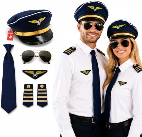 Nicky Bigs Novelties Pilot Hat, Tie, Shoulder Pads, Glasses, & Badge Set