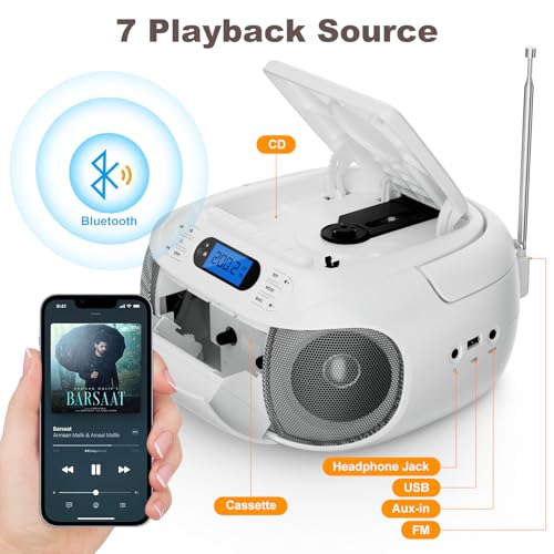 Image of CD Cassette Player Combo, Hernpark Rechargeable Boombox with Bluetooth 5.1, CD Player with Remote Control, Tape Recording, FM Radio, Super Bass, Stereo Sound, Aux /USB Drive, Headphone Jack