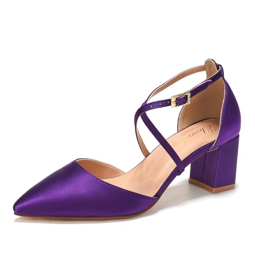 Elivandon J1586 Mujer Satén Punta Puntiaguda Tacón Medio 6cm Sandalias Noche Tacón Ancho Nupcial Boda Zapatos Tira Larga Color Violeta,Tamaño 39 EU