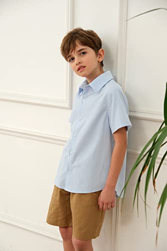 Boys' Button Down Dress Shirts Classic Collared Summer Short Sleeve Tshirt Solid Cotton Tops Blue #TOP4