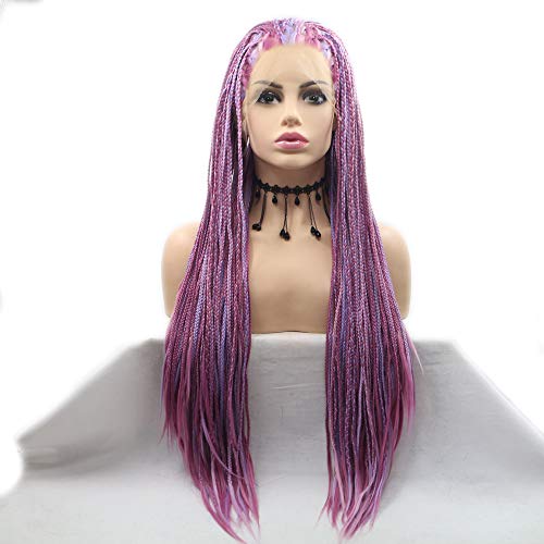 Melody Wig Purple Pink Mixed Braids Synthetic Lace Front Wigs For Women Fully Hand Tied Braided Wig Heat Resistant Fiber Hair 24''