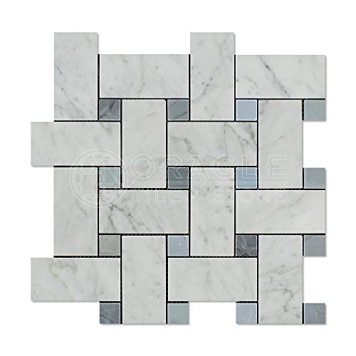 Carrara White Italian (Bianco Carrara) Marble Large Basketweave Mosaic Tile with Blue & Gray Marble Dots, Honed