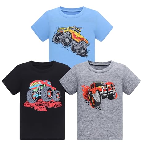 Demifill Toddler Boys 3 Pack Short Sleeve Boys Truck Short T-Shirts Summer Crew Neck T-Shirt Size 3 Years