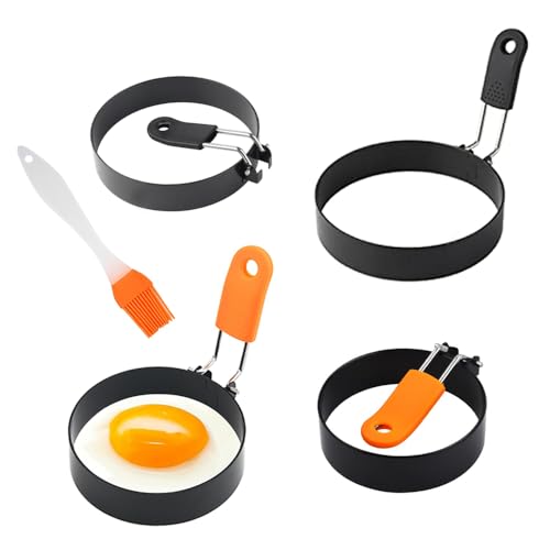 RHQFDM 4 Pcs Acero inoxidable Molde Redondo Tortilla Antiadherente Anillos Huevo Redondo Huevo Frito Moldes Para la Sartén-Antiadherente Recubierto-Resistente al Calor Mango Viene-Con Cepillo Aceite