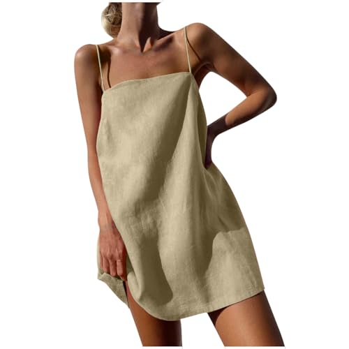 BFSWL Geschenke für Freundin Trägerkleid Damen Ärmellos Leinen Sommerkleid Schulterfrei Mini Leinenkleid Spaghetti Rückenfrei Strandkleid...