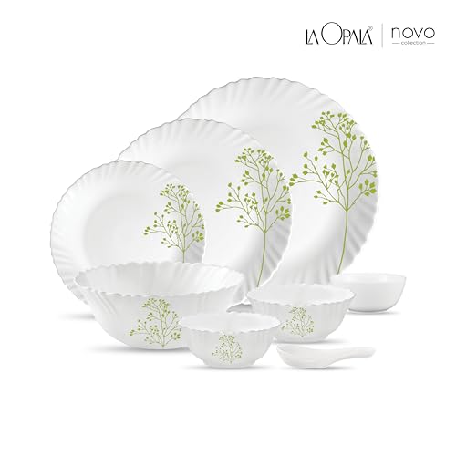 Image of La Opala Novo Collection Opal Glass Crockery | for Family of 6 | Dinner Set 35 pcs Blissfull Green | Plates & Bowls for Dining | Microwave Safe | 100% Vegetarian | Extra Strong | Light & White