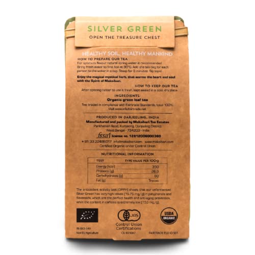 Image of Makaibari Silver Green Loose Leaf Green Tea 100g (3.5oz) Pack | Pure Unblended USDA Organic Darjeeling Green Tea, Unfermented, Delightfully Rich Flavor & Aroma | 50 Cups