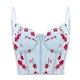 Testudineus Women Novelty Floral Embroidery Corset Top Sheer Mesh Push Up Bustier Fashion Rave Slim
