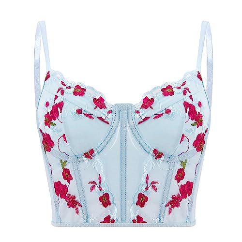 Testudineus Women Novelty Floral Embroidery Corset Top Sheer Mesh Push Up Bustier Fashion Rave Slim Tank Top #TOP5