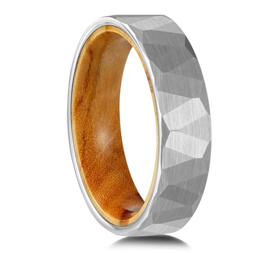 JEWPER 6MM 8mm Black/silver/gold Tungsten Rings for Men Womens Couple Fashion Jewelry Promise Engagement Wedding Band Hammered Inner ring inlaid with olive wood Carbide Polished Edge Comfort Fit