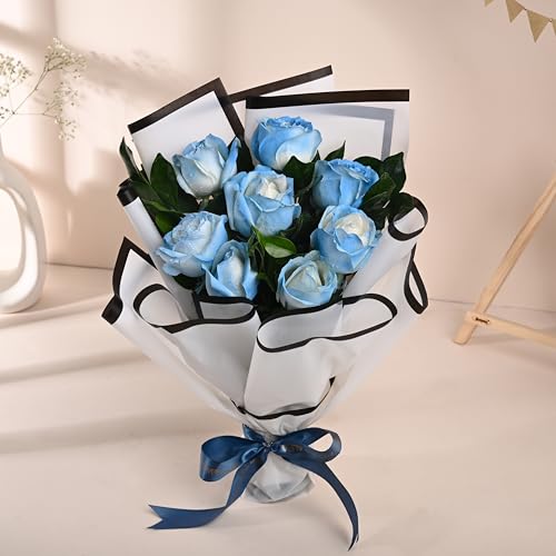 Image of FlowerAura Premium Fresh Live Flower Bouquet of 8 Blue Painted Roses In Designer Paper Gift For Birthday | Anniversary | Love | Home Decor | Fathers Day Gift For Dad (Same Day Delivery)