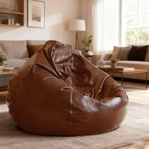Bean Bag Chair Cover (No Filler) Luxury Faux Leather Lazy Sofa Floor Seating Pouf Lounge Envelope Beanbag Corner Seat Comfy Couch Storage Furniture for Adults & Teens(Brown Cover)