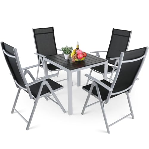 LIFERUN Gartenmöbel Set, 5-TLG Balkonmöbel mit 4 Aluminium Klappbar Hochlehner Gartenstuhl & WPC Quadratisch, Wetterfest für Veranden, Innenhöfe, Terrassen, Balkone, Ferienwohnung, Silber Grau 5pcs