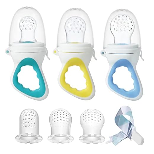 PandaEar 3 Pack Baby Feeder Fresh Fruit Food Feeder with 3 Different Size Silicone Pouch and 1 Pacifier Clips, Training Massaging Toy Teether