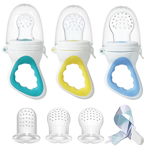 Image of PandaEar 3 Pack Baby Feeder Fresh Fruit Food Feeder with 3 Different Size Silicone Pouch and 1 Pacifier Clips, Training Massaging Toy Teether