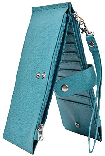 RFID Blocking Womens Leather Bifold Wallet Thin Zipper Card Holder Wallet Purse (Blue)