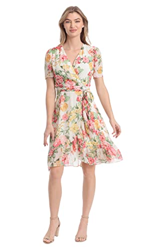 London Times Women's Faux Wrap Dress with Ruffle Skirt Occasion Shower Office Career2