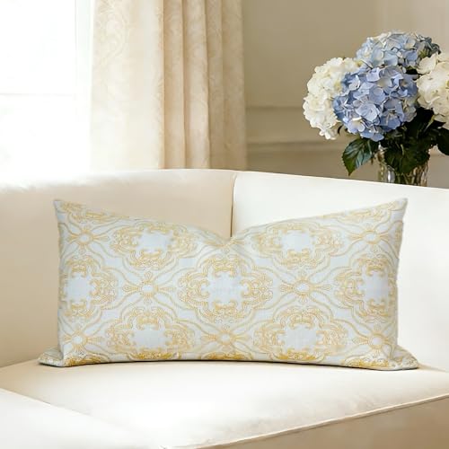 Slow Cow Embroidered Lumbar Throw Pillow Cover 12 x 24 Inch Yellow