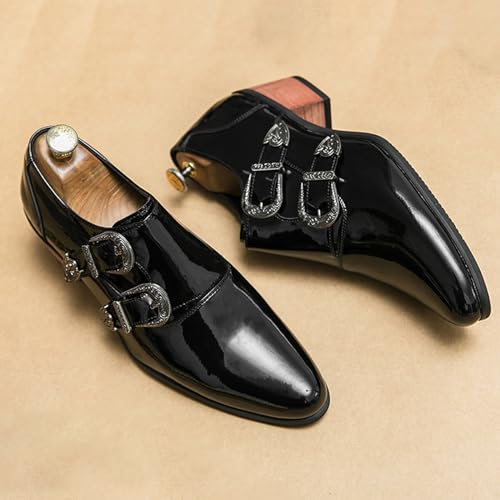 Men's Double Monk Strap Patent Leather Chelsea Boots Fashion Pointed Toe Slip On Low Chunky Heel Western Cowboy Ankle Boots Dress Oxford Shoes for Wedding Party Ballroom Prom2