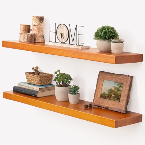 Image of Marsmiles 36 Inch Wood Floating Shelves | Rustic Honey Oak Wall Shelves Set of 2 | 36 inch W x 7.7 inch D x 1.6 inch H Wooden Shelves for Bathroom Kitchen Living Room