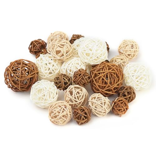 Taopk Ensk 27PCS Woven Rattan Decorative Balls 2.4 Wicker Orbs for Bowl Centerpieces & Vase Fillers Neutral Brown & White Decorative Spheres for Coffee Table Tray Home Wedding Decoration