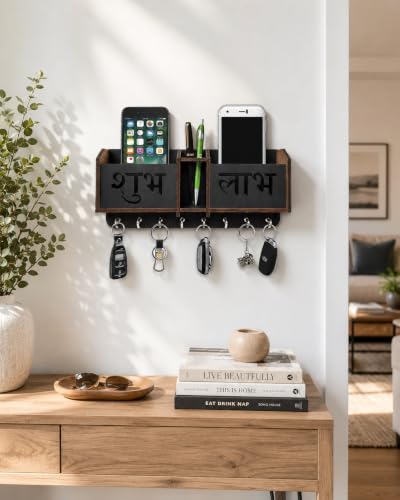 Image of Shubh Labh Key Holder Unique Designer 2 Pocket Pen and Mobile Stand Stainless Steel 8 Hooks Wooden Key Holder for Home, Key Stand for Wall, Key Organizer for Office, Hall Decoration