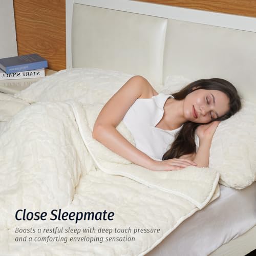 Wemore Weighted Blanket for Adults Twin Size 15 lbs, Dual Sided Soft Fuzzy Jacquard Sherpa Weighted Blankets for Sleeping, Cozy Fluffy Knitted Heavy Blanket for Couch Bed, Cream White, 60 x 80 inches