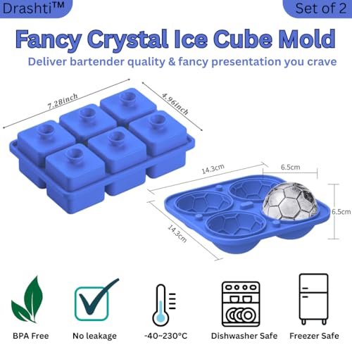 Image of Premium Combo of Large 3D Crystal Square Ice Cube Tray & Football Shaped Silicone Molds for Chilling Drinks, Chocolates, Juice, Jelly and Many More. Pack of 2 (Blue)