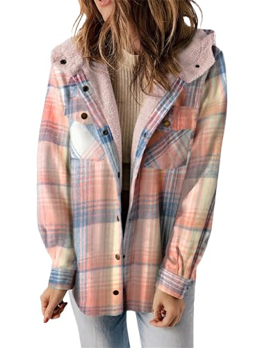 Hivebabe Flannel Fleece Lined Shirt,Womens Plaid Print Button Front Hooded Coat,Fuzzy Flannel Jacket Women