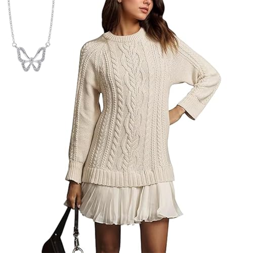 Women Crewneck Cable Knit Sweater Mini Dress, Sweater Dress with Pleated Skirt, Casual Twofer Style Patchwork Dress