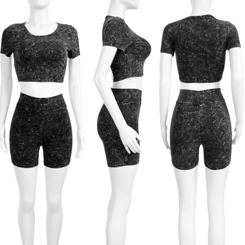 Womens Two Piece Outfits Lounge Sets Retro Short Sleeve Crop Top High Waist Shorts Jogging Yoga Set Streetwear2