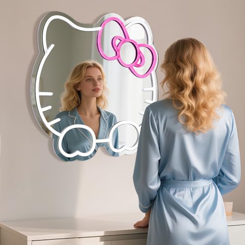 Image of Hello Kit Vanity Mirror with Lights, Pink Room Decor for Girls, Neon Sign Led Wall Mirror with Base Suitable for Desktops, Wall, Bedrooms Decor, Children'S Favorite Anime Neon Mirrors with Dimmable