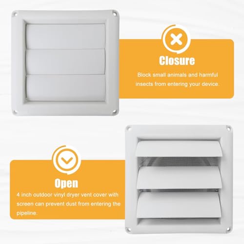 WELURE 4\" Louvered exhaust Vent Cover 6\" x 6\" Oversize dryer outlet cover for Exterior Wall Vent Hood Outlet Airflow - 4 Inch Vent Cover Exterior with 4 Vent Screen Screw - White