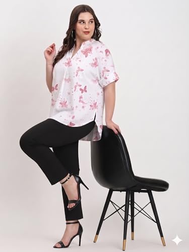 Image of SINDOORI Relaxed Fit Tops for Women Plus Size Solid Printed Mandarin Collar, Band Collar, V-Neck Top, Half Sleeve Loose Fit