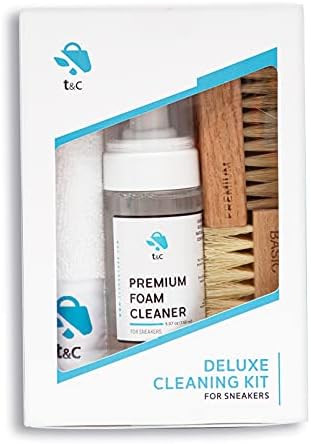 t&c Deluxe Cleaning Kit - Sneaker Cleaner - Eco Friendly Foam Premium Cleaner, 2 types of brushes and microfiber towel - Clean all materials - 5.06 oz - Clean up to 50 pairs