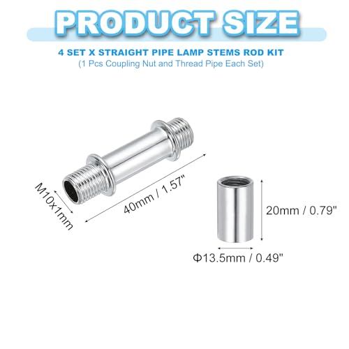 Image of PATIKIL Straight Pipe Lamp Stems Rod Kit, 4Set M10 Carbon Steel 40mm(1.57 inch) Long Double End Thread Rod with Coupling Nuts Sleeve Connector for Table Lamps Chandeliers, Silver Tone