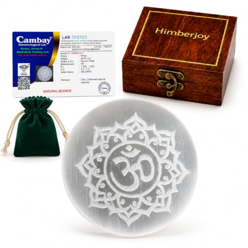 HIMBERJOY - Joyfully Yours Om Flower Selenite Charging Plate 3 Inch for Crystal Cleansing, Reiki Healing, Meditation, Vastu Feng Shui Energy Board