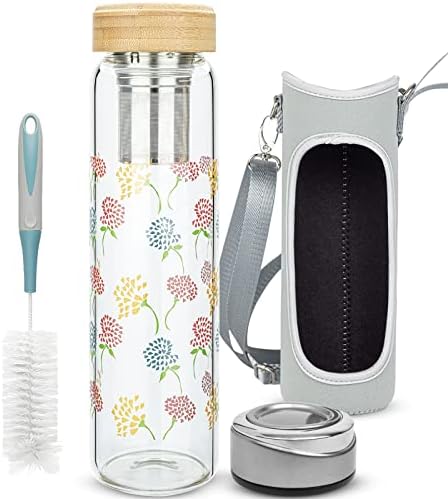 Justfwater 32 oz Glass Water Bottle with Tea Infuser BPA-Free Glass Tea Tumbler with Sleeve & 2 Lids Reusable Travel Mug for Loose Tea, Coffee, Fruit (Flower)