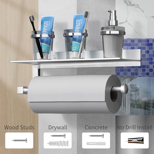 Danpoo Wall Mount Paper Towel Holder with Shelf for Bathroom/Kitchen, Adhesive Hand Towel Holder, Matte Silver - Image 7