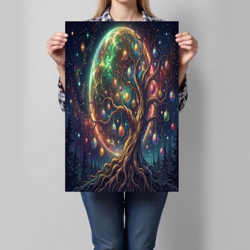 Lienzo de cielo psicodélico con luna y árboles en azul profundo para salón, 60x80cm