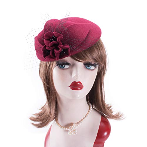Womens Ladies Socialite Flower Black Pearl Wool Felt Fascinator Pillbox Tilt Hat A044 (Wine)