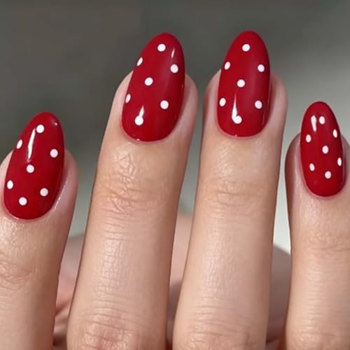 Red Press on Nails Short Almond Fake Nails Christmas Nails Press ons with Polka Dot Design,Reusable Artificial Nail Full Cover Stick on Nails for Women Manicure 24Pcs