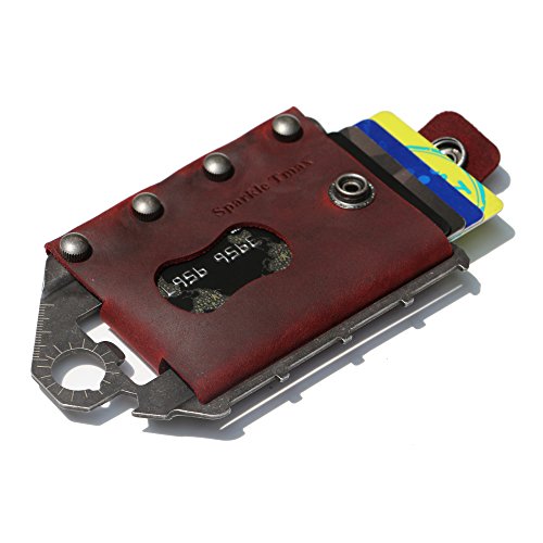 Sparkle Tmax Multi-Functional Metal Wallet Leather Tactical Wallet Multitool Wallet RFID Blocking Card Case Outdoor Wallet (Red)