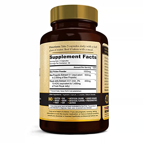 Immune Boosting Royal Jelly (4 Bottles) Supplement with Bee Pollen & Propolis | All Natural, High Potency Superfood for Energy, Clear Skin | 90 Pure, Non-GMO, Gluten Free Vegetarian Caps Each - Image 5
