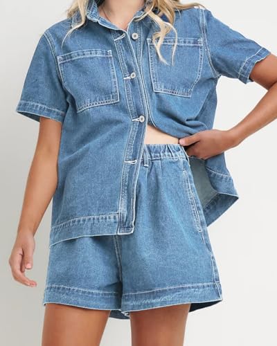Image of Kedera Summer Denim Set for Women 2 piece Casual Short Sleeve Boxy Shirt Tops and Shorts Pants Lounge Sets Outfits