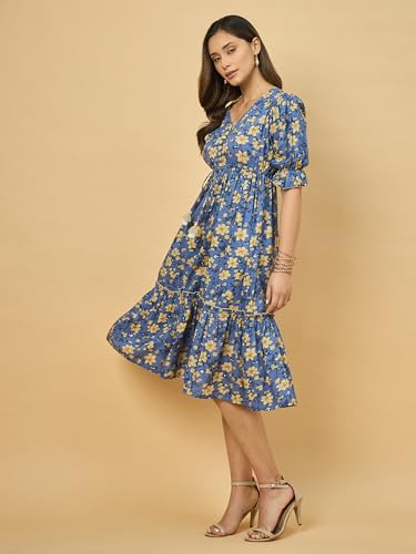 Image of Azira 100% Cotton Printed Fit & Flared Mandarin Collar Midi Dress | Casual Dress | Dress for Woman | Summer Dress